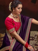 Dark Violet Vichitra Silk Embroidered Saree